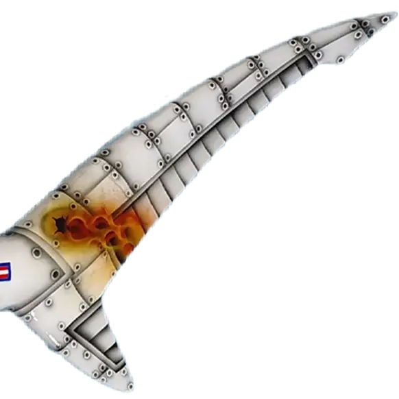 Tail close-up of WWII bomber-style hammerhead shark mount showing flame fade and bullet hole effects.