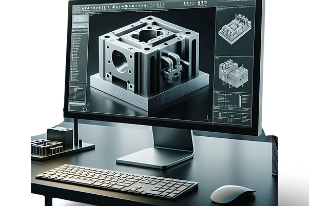 Moderne CAD-Design-Arbeitsstation mit hochauflösendem Monitor, der einen komplexen Maschinenteil in 3D darstellt, ideal für professionelle Ingenieure und Designer.
