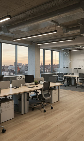 Contemporary office space with laminate flooring, showing a scratch-resistant and stylish solution for business workspaces.