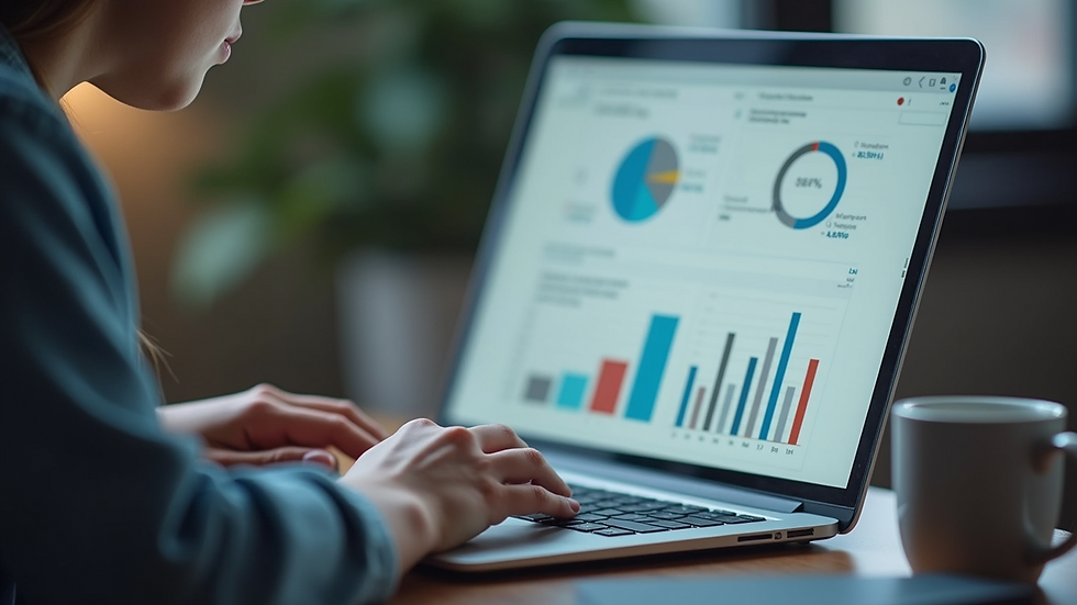 Close-up view of a student working on a laptop with business analytics charts on screen