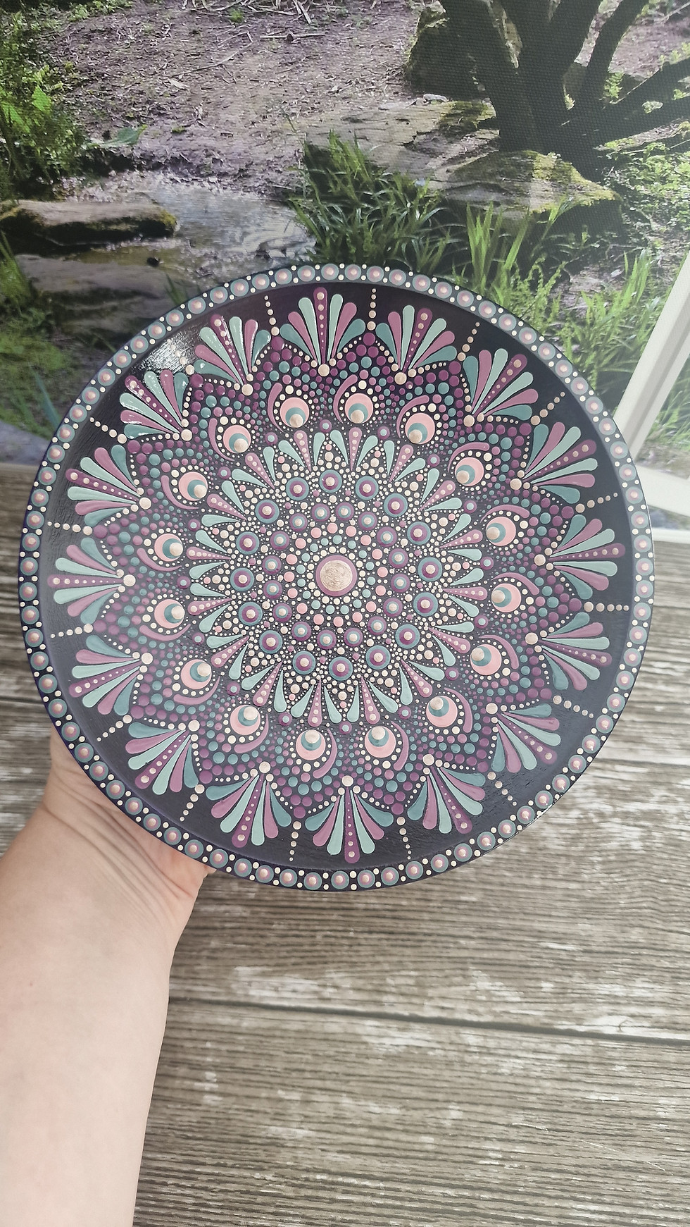 Thumbnail: A Platter of Peace Dot Mandala Art Bowl In Hand | Moonbird's Dotty Mandalas
