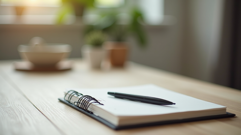 Close-up view of a therapist’s desk with a notebook, pen, and calming decor
