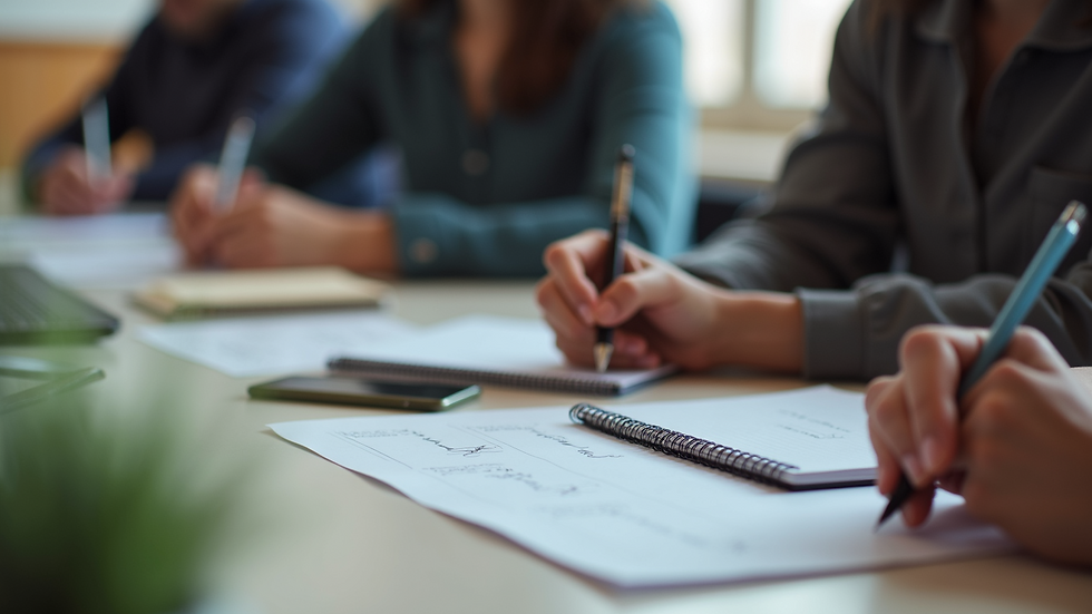High angle view of a person writing notes during a mental health workshop