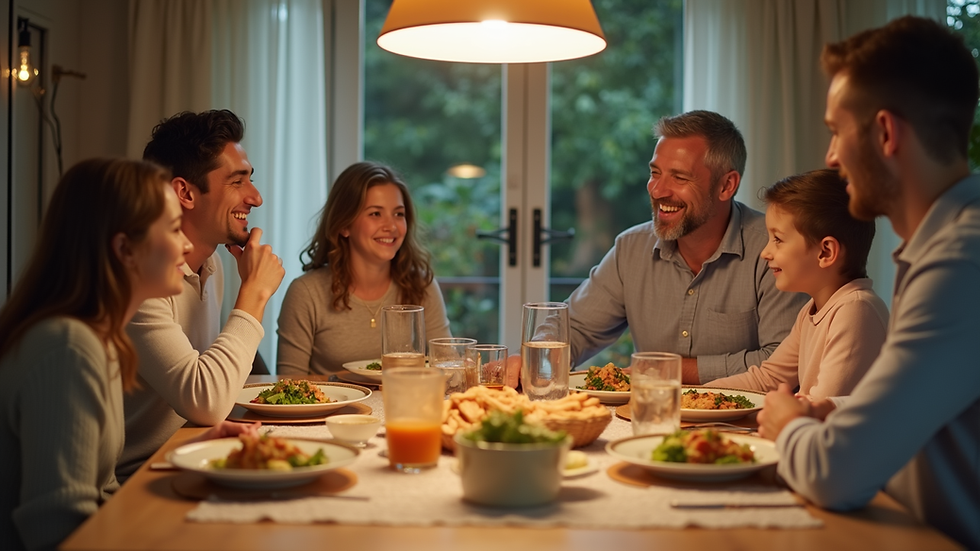 Close-up view of a family sitting together around a dining table sharing a meal