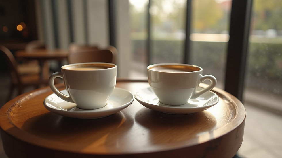 High angle view of two coffee cups on a table symbolizing connection and conversation