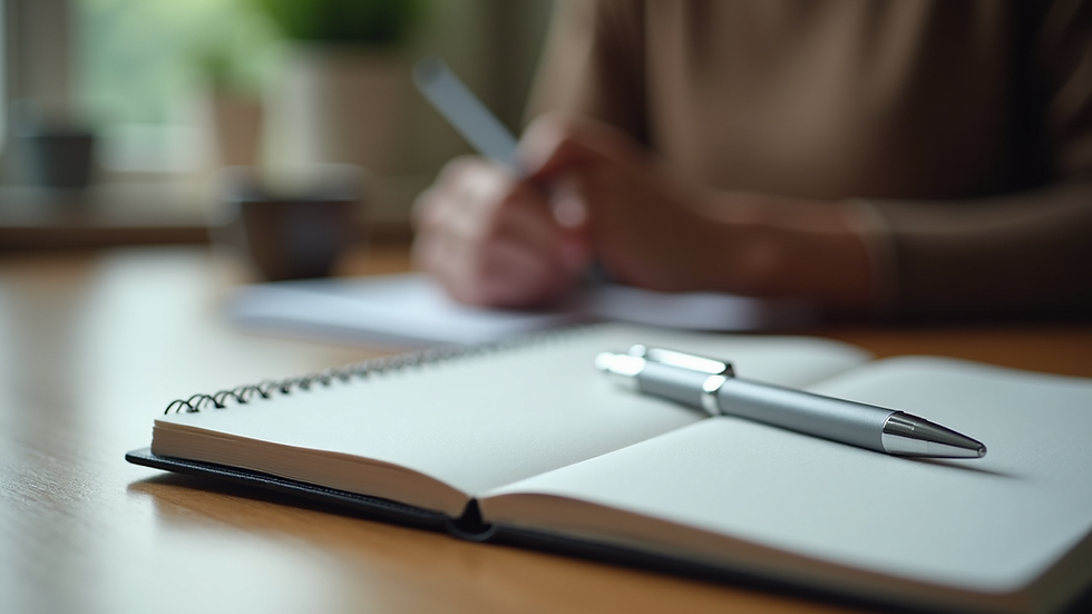 Close-up view of a notebook and pen on a table during a therapy session