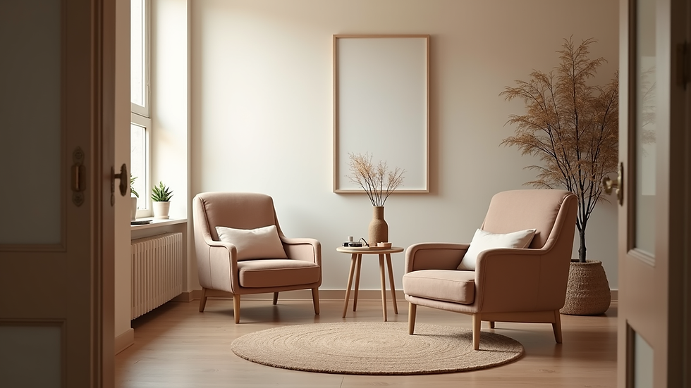 Eye-level view of a cozy therapy room with two chairs and a small table