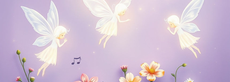 white small glowing fairies, light purple background, music notes, and flowers.jpg