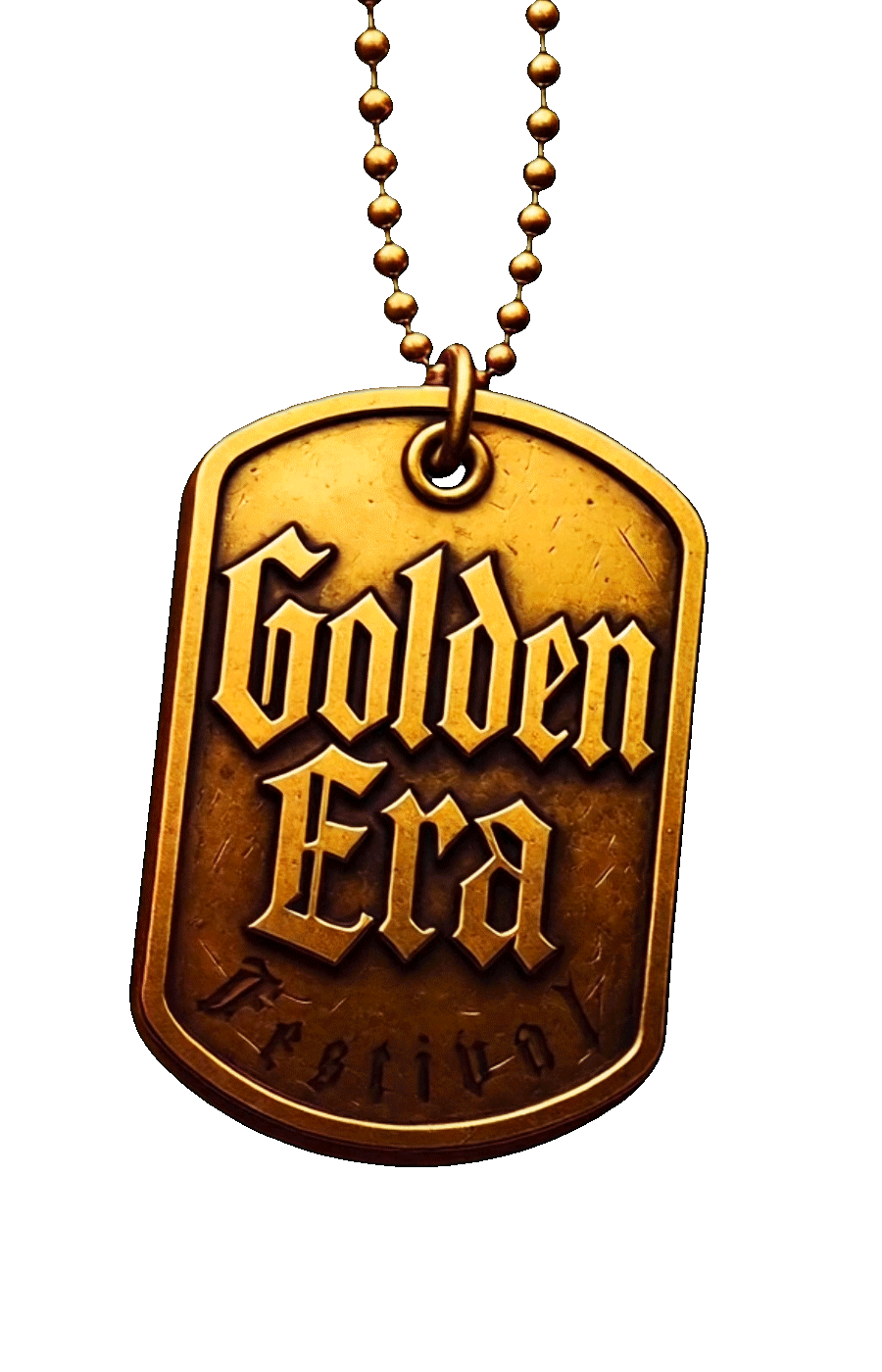Uma tag dourada com o logo GOLDEN ERA FESTIVAL gravado, balançando, ela exibe marcas de uso continuo de diversas vivências.
