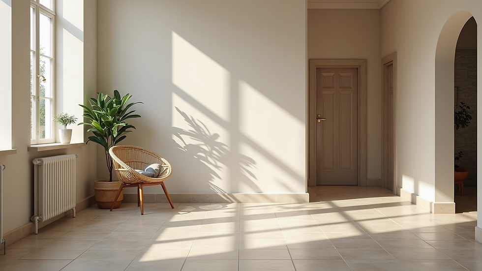 Eye-level view of a beautifully painted living room with modern tiles