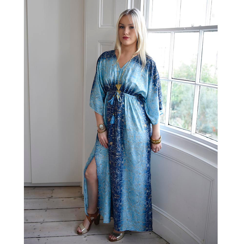 Rain, Ombre Blue With God Paisley Print Batwing Viscose Dress With Tassels