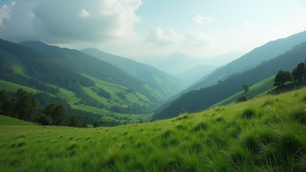 Wide angle view of lush green mountains in Sierra Norte