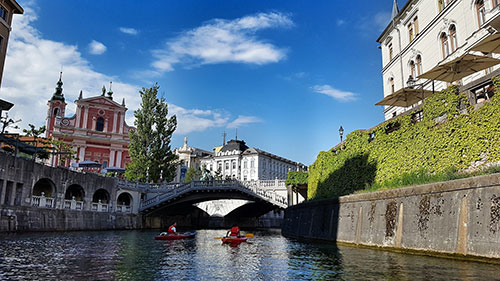 View of Ljubljana (biggest city in Slovenia) from a kayak