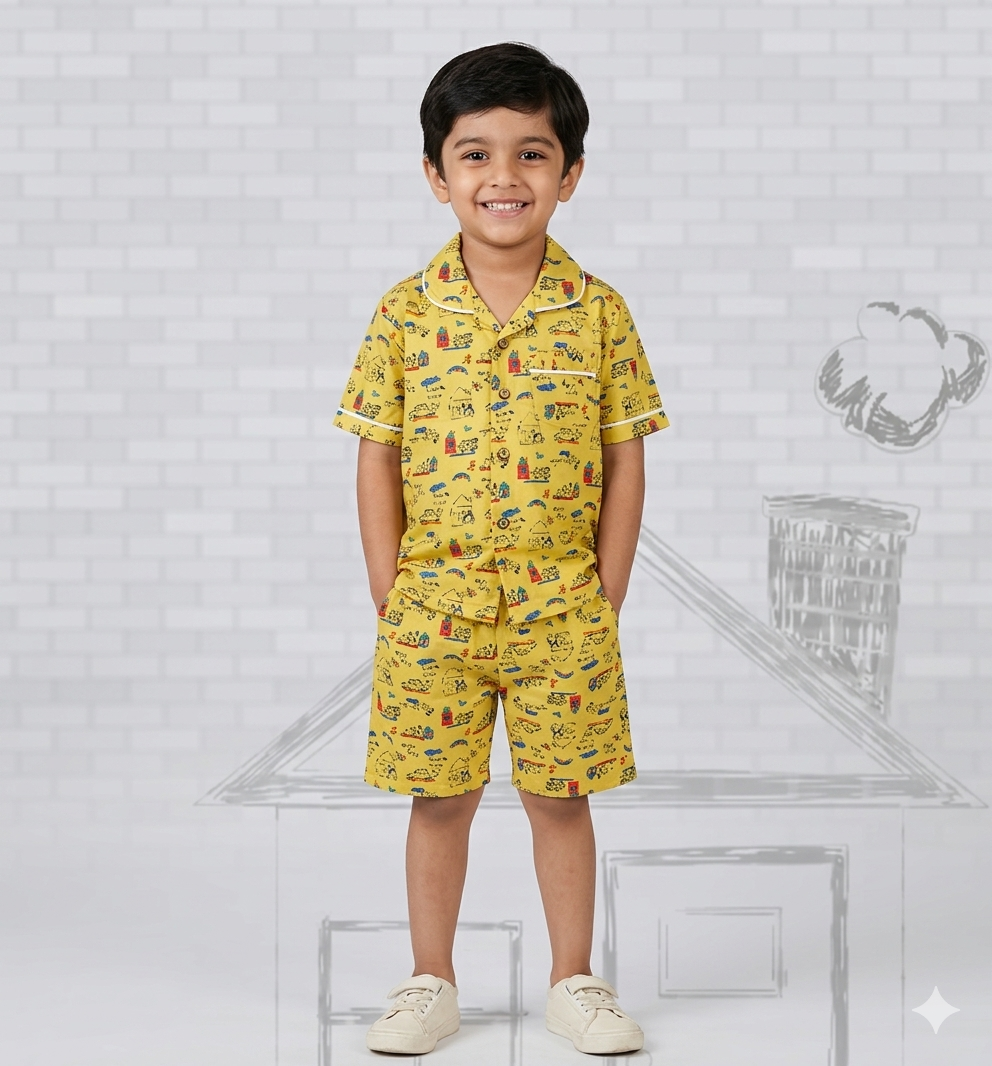 Yellow Cotton Night Suit, Half Sleeves With Shorts
