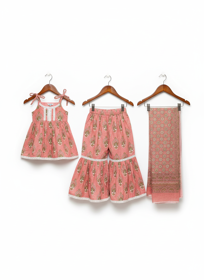 Thumbnail: Girls Ethnic Peach 3-Piece Suit Set | Soft Cotton Kurti, Dupatta & Palazzo