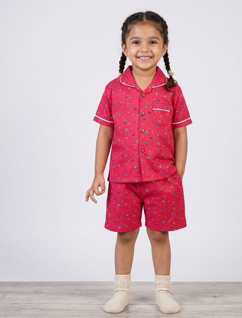 Dark Pink Cotton Night Suit, Half Sleeves With Shorts