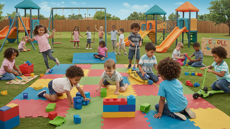 Children play on colorful mats in a playground with slides and swings. They're building with blocks, scootering, and smiling under a blue sky.