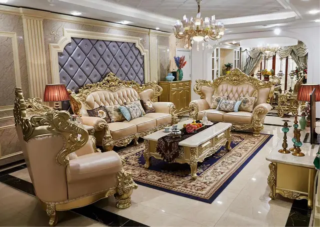 Thumbnail: European Royal Leather Sofa Set Ebony Solid Wood American Style Pure Leather. 