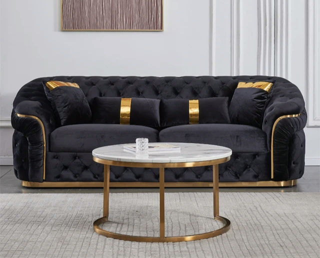 Thumbnail: Modern Luxury Velvet Fabric, Stainless Steel Base Sofa Black & Grey 