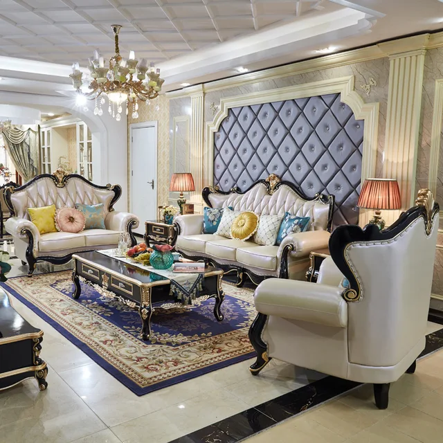 Thumbnail: European Royal Leather Sofa Set Ebony Solid Wood American Style Pure Leather. 