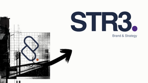 STR3 wordmark beside the former Sweep and Co symbol linked by a hand-drawn arrow, marking the rebrand from Sweep and Co to STR3.