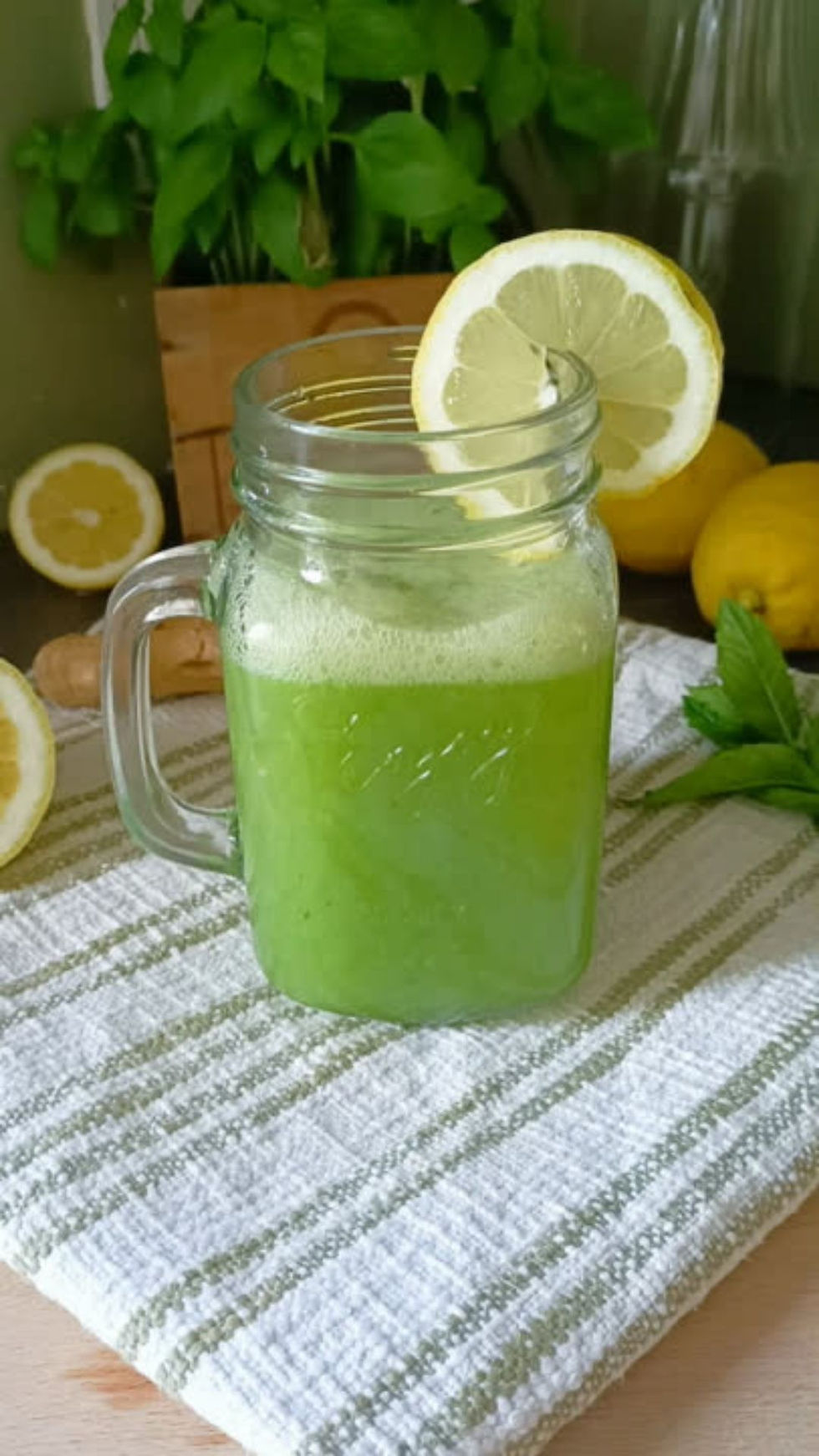 Boisson détox Green Elixir à base de citron, concombre, gingembre et eau, servie avec des glaçons, parfaite pour revitaliser le foie