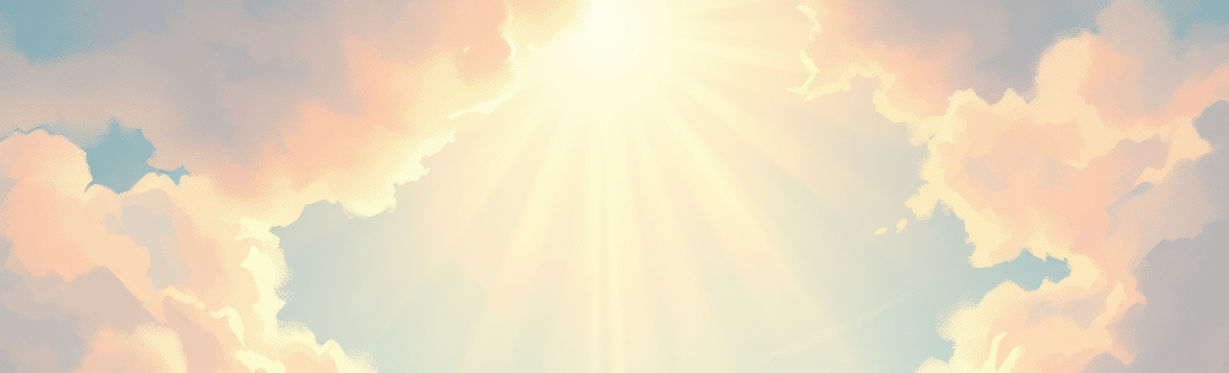 illustrated clouds with soft pastel tones, maybe children raising their arms toward the sk