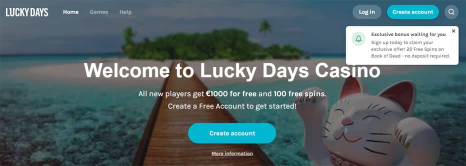 lucky days no deposit bonus 20 free spins book of dead