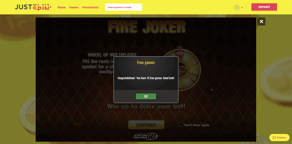 justspin bonus 100 free spins fire joker