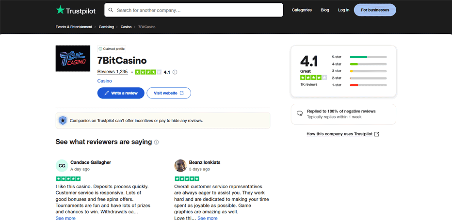 7Bit casino review on Trustpilot - excellent scores and low deposit options