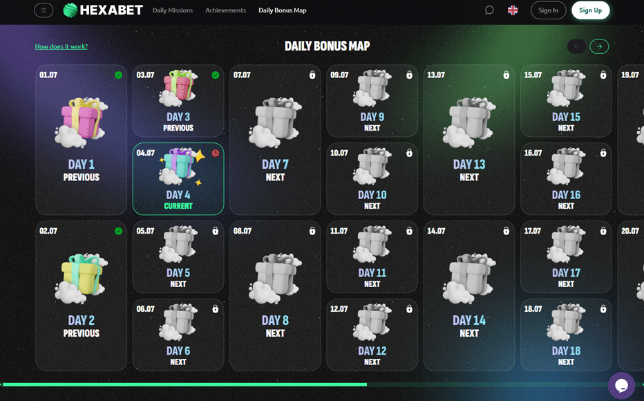 Hexabet casino - Achievements, daily bonus map and daily missions