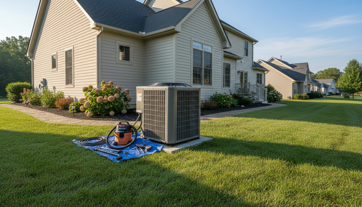 Wide-angle view of a residential outdoor air conditioning unit beside a tidy house.