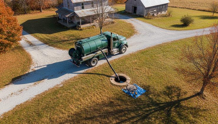 Overhead view of a septic pump truck hose connected to an open tank in a rural yard