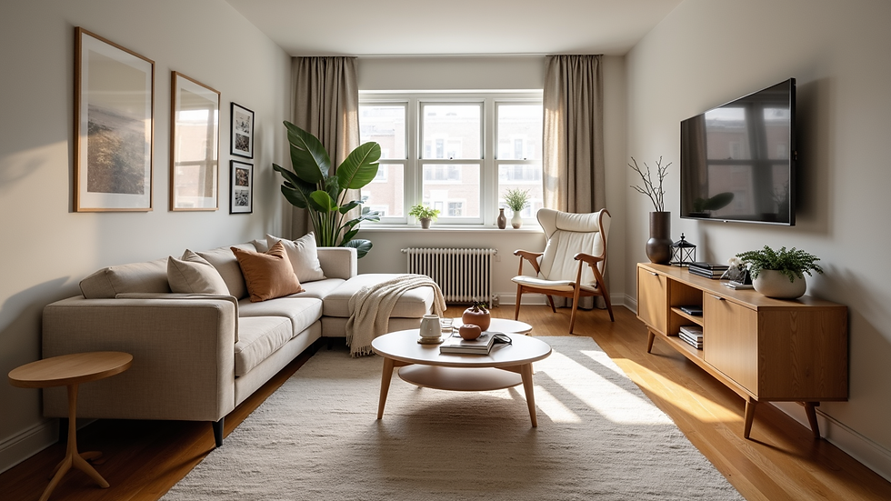 High angle view of a clean and organized NYC apartment living room ready for fall