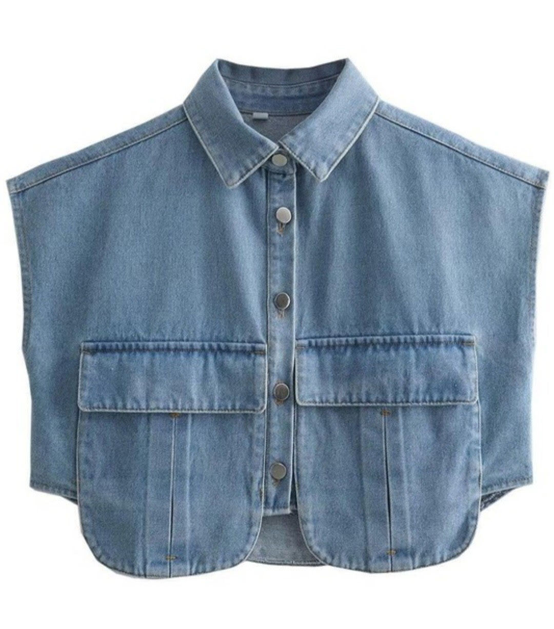Denim Cropped Collard Vest