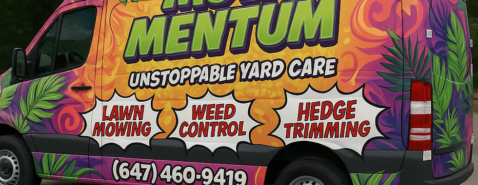 Brightly branded service van with bold graphics and text advertising lawn care and property maintenance services, demonstrating vehicle-based branding for a small business. Helping an entrepreneur visualize bold, effective branding on service vehicles.