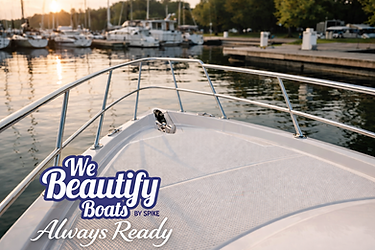 Golden-hour image of a motor yacht foredeck prepared under the Always Ready Weekly Plan, showing a spotless, non-skid surface with clean stainless railings and organized deck hardware. The marina and surrounding boats reflect softly in calm water, emphasizing a peaceful and ready-to-use environment. The deck appears free of debris, stains, or wear, demonstrating consistent maintenance and care. The We Beautify Boats by Spike logo with “Always Ready” branding is positioned in the lower left corner. The image represents weekly exterior maintenance designed to keep the vessel clean, safe, and guest-ready at all times. Service by We Beautify Boats by Spike, Boat Detailing, Toronto, Ontario, Canada.