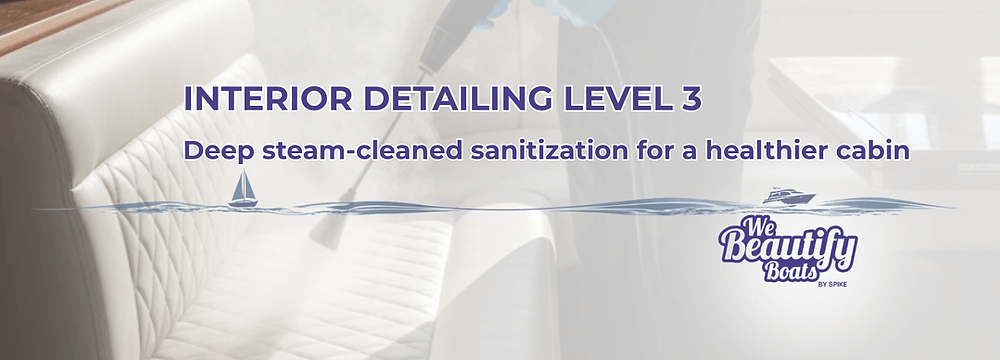Interior Detailing Level 2 service graphic representing enhanced yacht cabin cleaning in Toronto, Ontario, Canada. This mid-level interior boat detailing service focuses on deeper surface cleaning beyond routine maintenance, including thorough wipe-down of cabinetry faces, detailed cleaning of countertops, improved window clarity, and attention to high-touch interior areas. Designed for vessels showing moderate seasonal buildup, Level 2 restores brightness, removes light staining, and refreshes onboard living spaces without requiring full steam sanitization. Performed by We Beautify Boats by Spike, this environmentally responsible marine interior detailing service supports clean, healthy cabin environments and protects fine wood, vinyl, and fabric finishes for boat owners throughout Toronto and Ontario.
