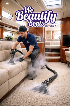 A professional marine detailer performing upholstery steam cleaning inside a yacht cabin in Toronto, Ontario, Canada, with the We Beautify Boats by Spike logo visible in the image. The technician is using commercial-grade steam equipment to deep clean marine seating, extracting embedded dirt, eliminating bacteria, and neutralizing odors from fabric surfaces without over-saturating materials. The surrounding cabin shows organized cabinetry and clean interior finishes, reflecting a structured interior sanitization process. This Sanitization Level 3 interior boat detailing service by We Beautify Boats by Spike focuses on steam cleaning carpets and upholstery using environmentally responsible methods designed to improve onboard air quality, restore fabric freshness, and maintain hygienic living spaces for boat owners throughout Toronto and Ontario.