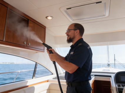 Marine detailer from We Beautify Boats by Spike using a VX5000 vapor steam cleaner inside a yacht cabin, directing dry steam onto wood cabinetry to sanitize surfaces and lift embedded grime without excess moisture.