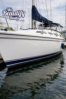 Photo-realistic image of a clean, well-maintained white sailboat hull floating calmly in a marina. The hull surface appears smooth with a light, even gloss and minimal scuffing, reflecting soft daylight and surrounding water. A dark blue boot stripe runs along the waterline, contrasting with the bright fiberglass above. The deck, lifelines, and mast are visible, with nearby boats in the background. The We Beautify Boats by Spike logo is positioned in the upper left corner. The image represents a maintained hull suitable for a Level 1 hull polish focused on light scuff removal and gentle gloss enhancement. Service by We Beautify Boats by Spike, Boat Detailing, Toronto, Ontario, Canada.