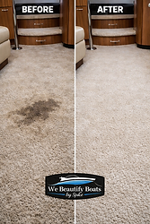 A side-by-side before-and-after view of marine cabin carpet inside a yacht in Toronto, Ontario, Canada, showing heavy staining and embedded dirt on the left and a visibly restored, brightened surface on the right after professional steam cleaning. The untreated section displays dark traffic patterns, organic discoloration, and deep-set debris common in seasonal freshwater boating environments. The cleaned section demonstrates uniform color restoration and lifted fibers following Sanitization Level 3 steam extraction performed by We Beautify Boats by Spike. This interior boat detailing service uses professional-grade steam equipment and environmentally responsible methods to remove embedded contaminants, improve onboard air quality, and restore carpet hygiene for boat owners throughout Toronto and Ontario.