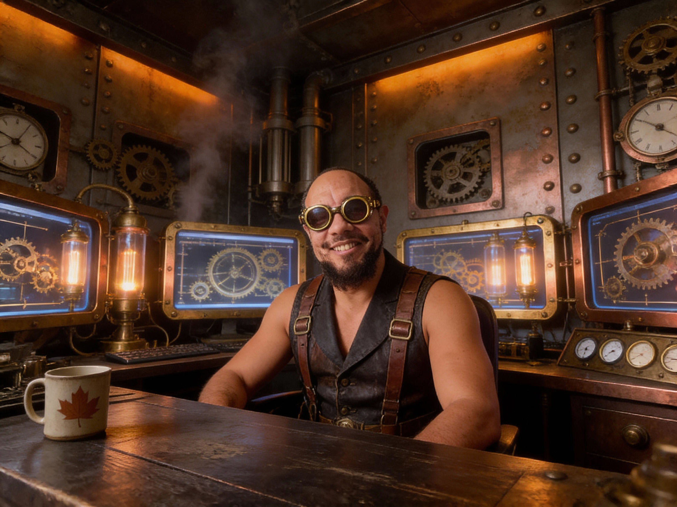 Creative consultant seated at a steampunk-inspired workspace with brass-framed monitors, warm industrial lighting, and vintage mechanical details, representing hands-on digital strategy and execution.