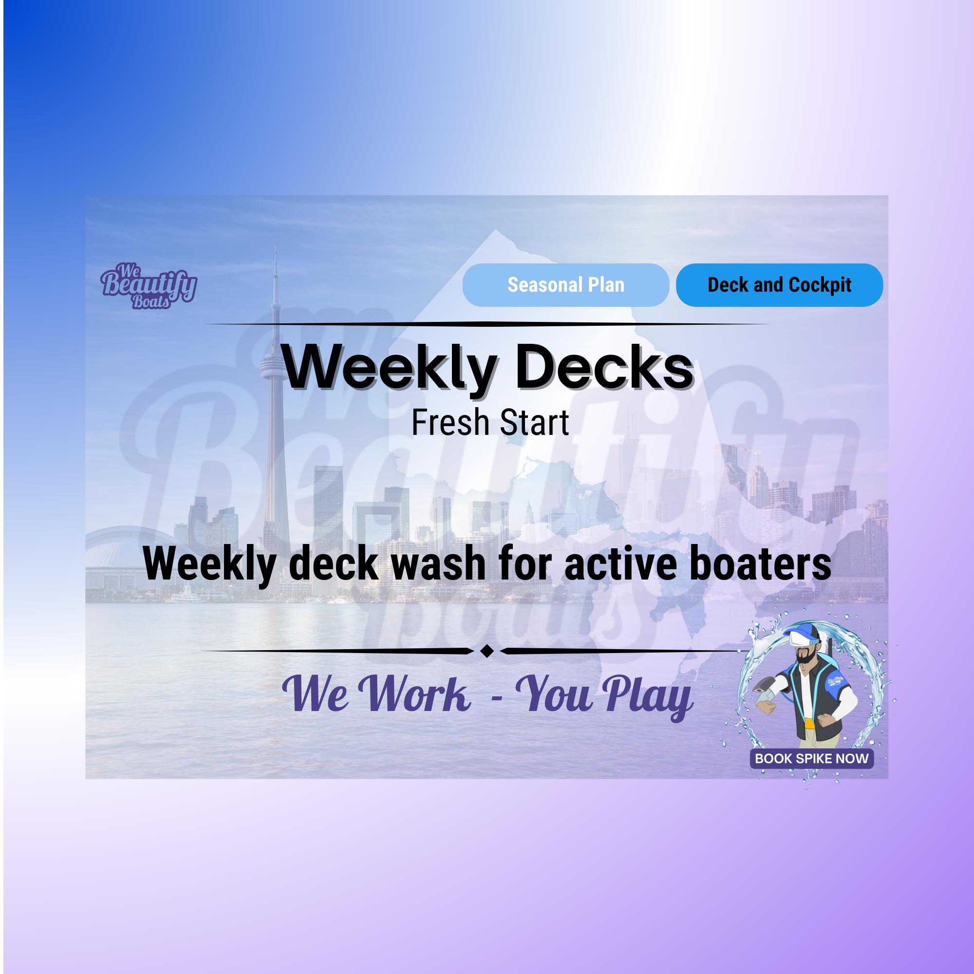 "Promotional banner for the Fresh Start Weekly Plan by We Beautify Boats, featuring 24 visits per season. The banner showcases a professional crew member in branded attire set against a dark background with a heart-shaped graphic. It highlights 'Fresh Start Weekly,' emphasizing regular maintenance for a spotless deck all season. The website 'www.webeautifyboats.com' is prominently displayed at the bottom for further details."