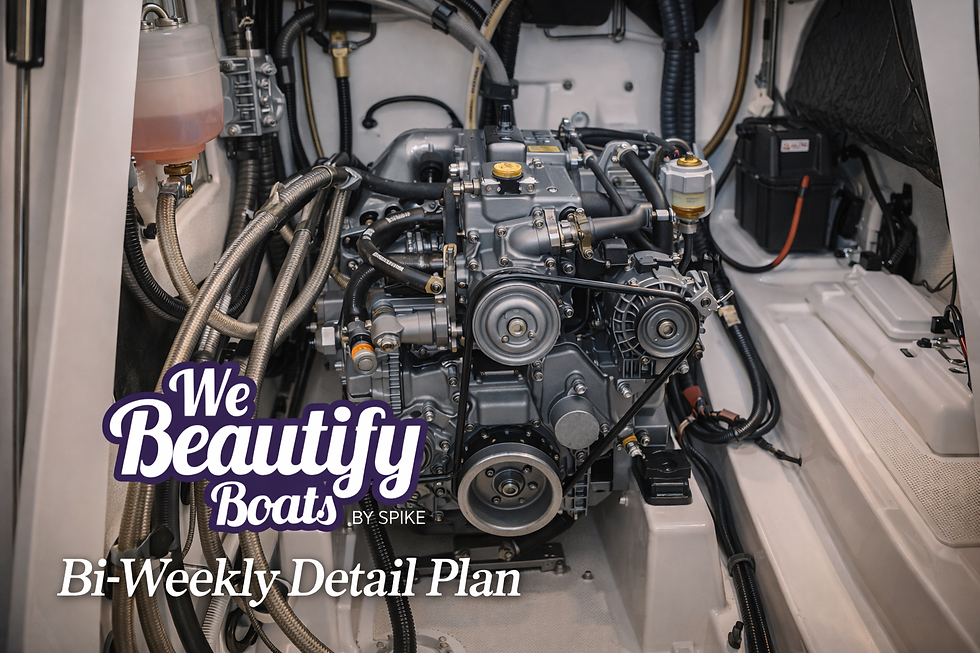 Boat engine with hoses in a clean compartment. Text reads "We Beautify Boats by Spike, Bi-Weekly Detail Plan." Tech-focused, neat setting.