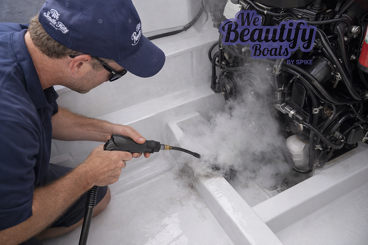 Marine technician using a precision steam wand to carefully degrease the lower bilge area around engine mounts, avoiding sensitive electrical components during an Engine Bay Cleaning service by We Beautify Boats by Spike.