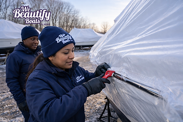 Winter boatyard scene showing a crew member carefully cutting and removing shrink wrap from a stored vessel using a safety tool. The boat remains elevated on stands, with surrounding boats also wrapped for winter protection. The technician wears cold-weather gear and branded We Beautify Boats by Spike apparel, demonstrating professional seasonal service work. The plastic wrap is being cleanly separated along the rail to prevent surface damage and allow proper recycling. The We Beautify Boats by Spike logo appears in the upper left corner. The image represents structured spring shrink wrap removal performed safely and responsibly in preparation for launch. Service by We Beautify Boats by Spike, Boat Detailing, Toronto, Ontario, Canada.