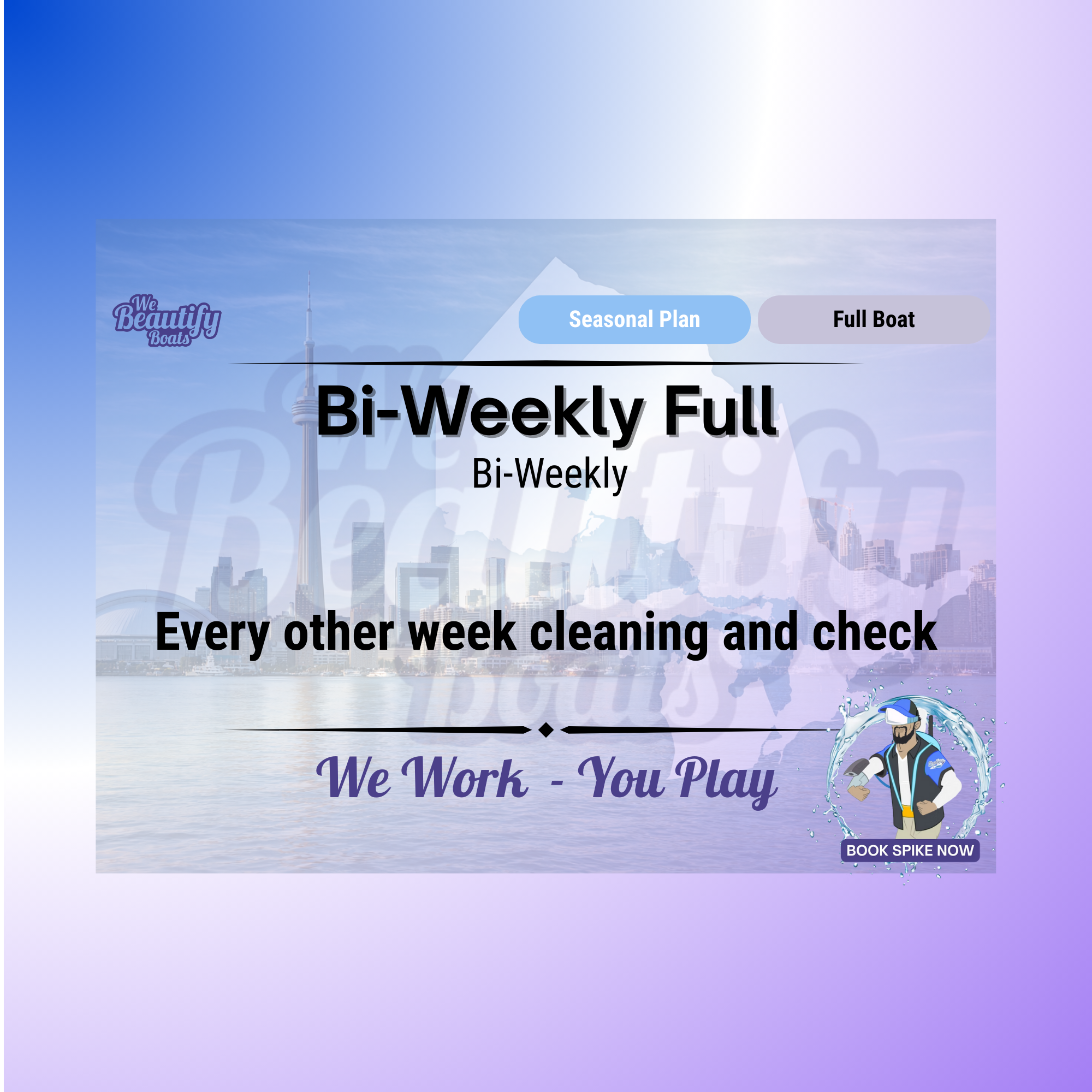 Promotional banner for the Effortless Elegance Bi-Weekly Plan by We Beautify Boats, featuring 12 visits per season. The banner showcases a professional crew member in branded attire against a vibrant marina sunset. It emphasizes effortless boat care and reliability. The website 'www.webeautifyboats.com' is prominently displayed at the bottom for more details.