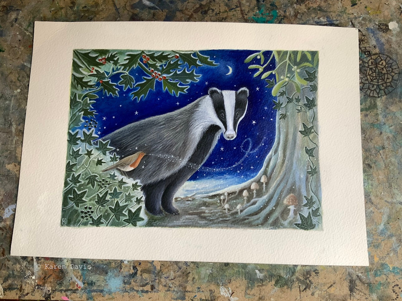 Original Acrylic Painting. Winter Badger