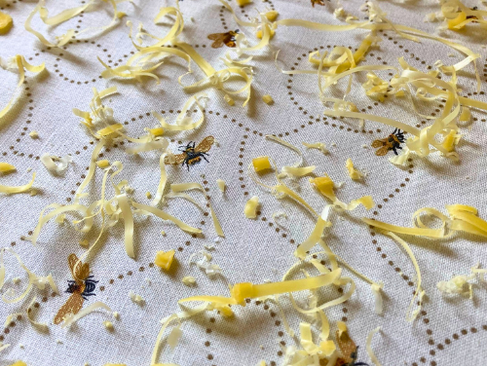 beeswax shavings on top of cotton fabric